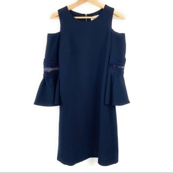 Eliza J Dress w/ Bell Sleeves & Cold Shoulder Navy Blue - Picture 6 of 7